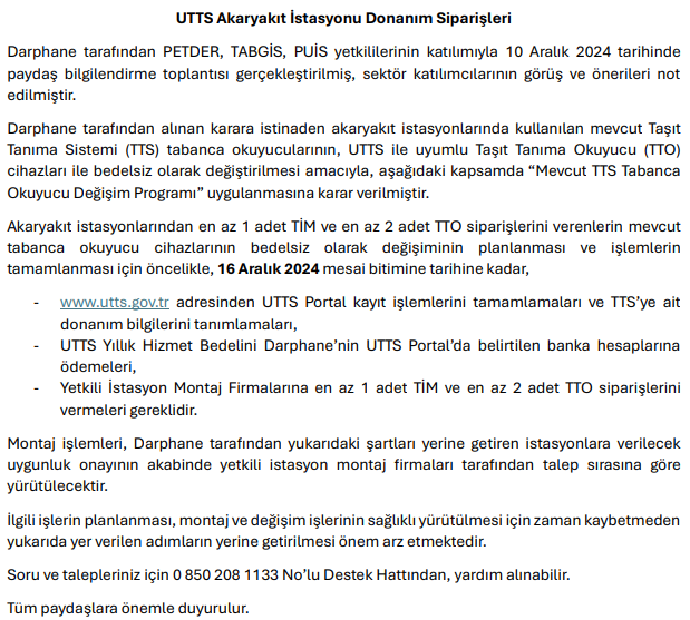 UTTS İSTASYON İÇİN UYARI